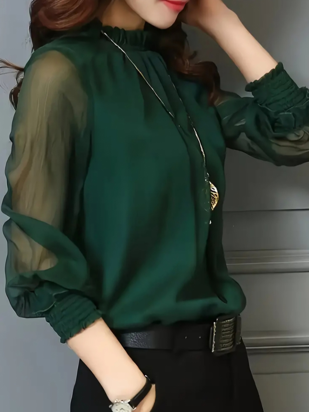 Dark Green Sheer-Sleeve Women's Blouse - Elegant Ruffled Neck